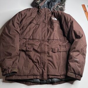 The North Face HyVent Down Parka Brown Faux Fur Hood Winter Coat Womens XL A5V7